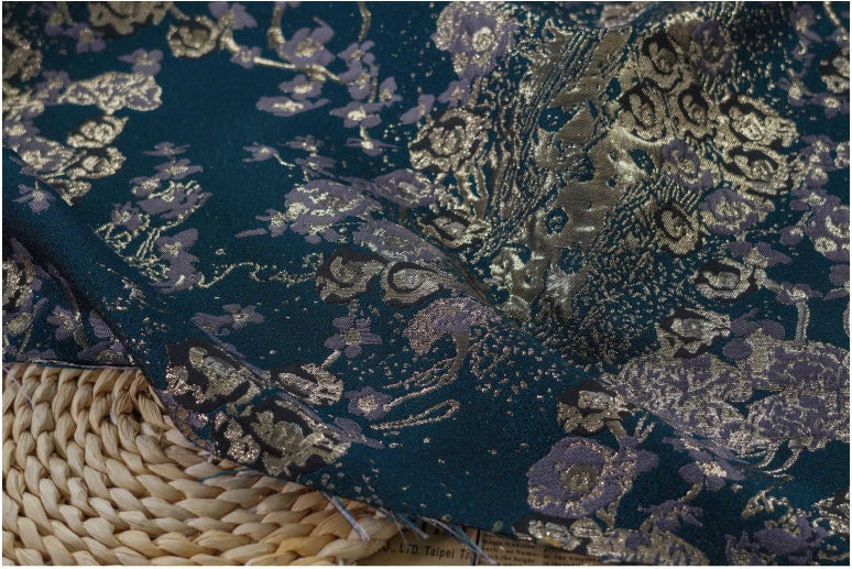 Gold Thread Jacquard Fabric: Dark Green 3D Style (59"W)