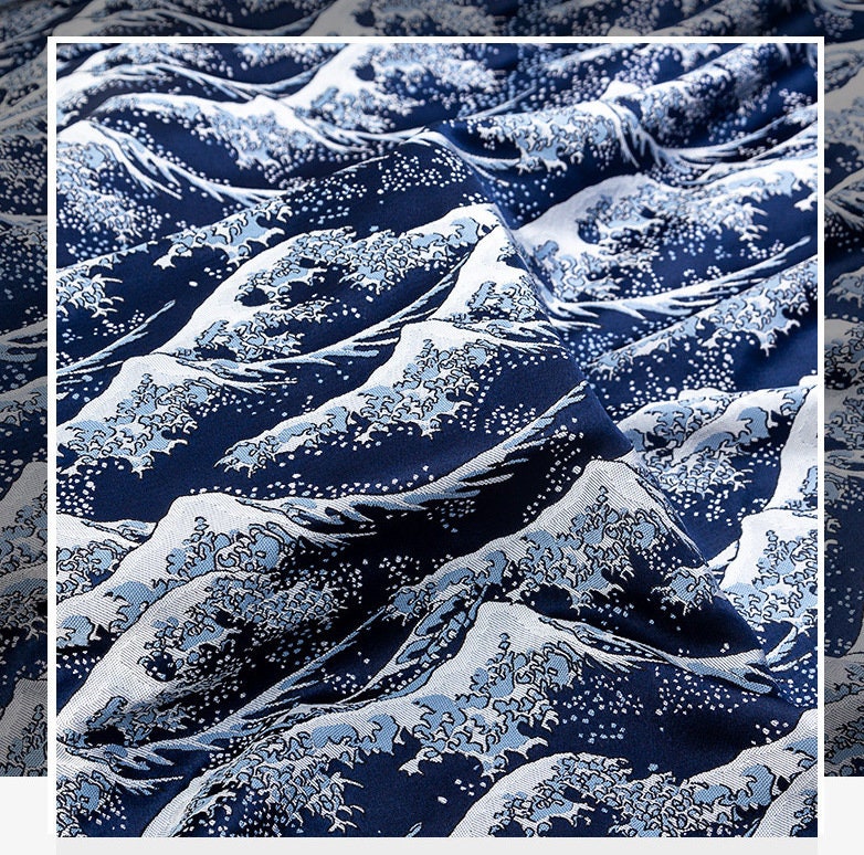 Japanese Brocade Fabric: Mt. Fuji Kimono Pattern, Blue Jacquard (59"W)