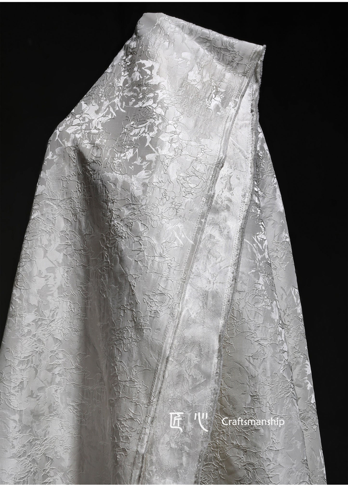 White Floral Jacquard Fabric: 3D Textured Embroidery, 63" Wide, By The Meter