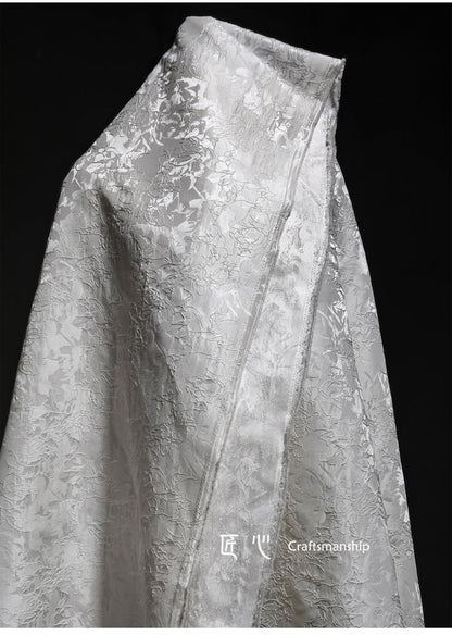 White Floral Jacquard Fabric: 3D Textured Embroidery, 63" Wide, By The Meter