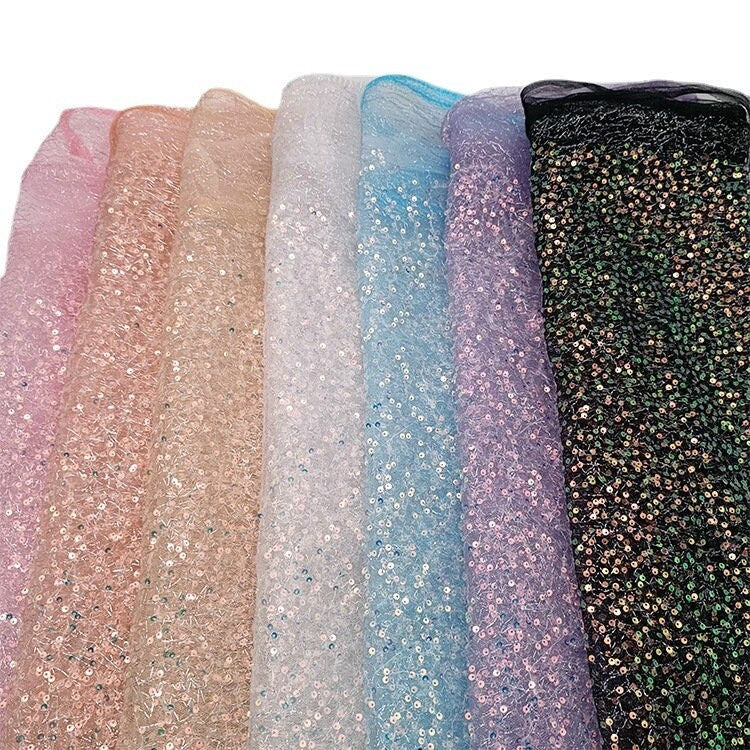 Iridescent Sequin Fabric: Multicolor 3D Embroidery, 49" Wide, By The Yard