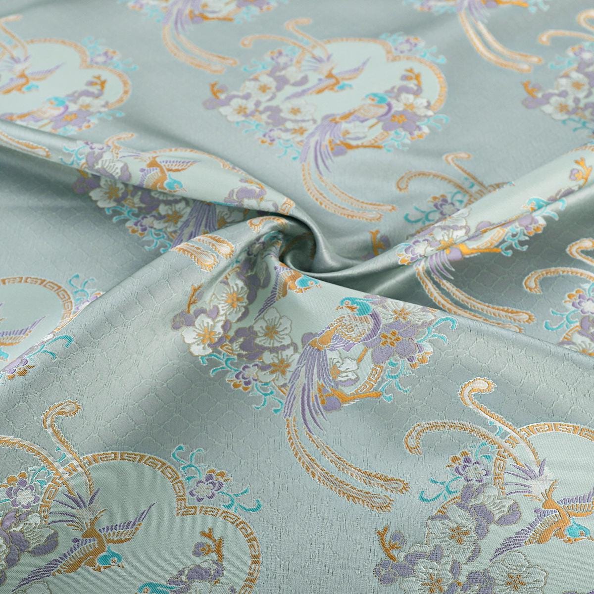 Tissu de kimono Nishijin bleu aqua : brocart floral à fils d'or (59"L)