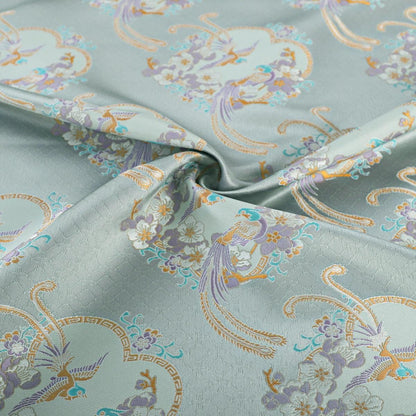 Tissu de kimono Nishijin bleu aqua : brocart floral à fils d'or (59"L)