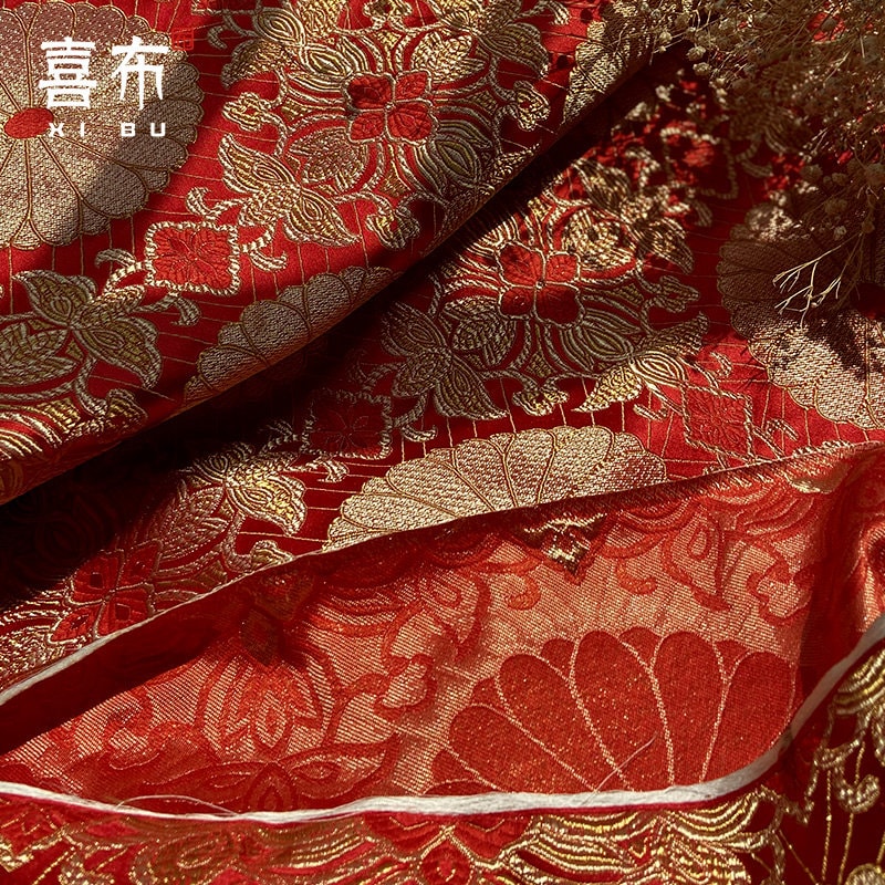 Lotus Brocade Fabric: 29.5"W Red & Gold Rayon Upholstery