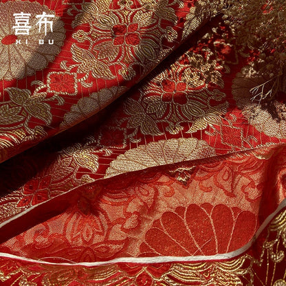 Lotus Brocade Fabric: 29.5"W Red & Gold Rayon Upholstery