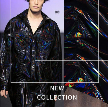 Metallic Black Fabric: Waterproof Mirror Coated PU Cotton, 59"W