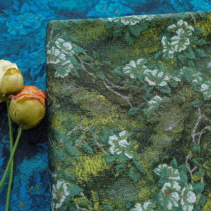 Tissu jacquard à motif floral en relief : Coloris bleu sarcelle et vert champêtres (largeur : 63 pouces)