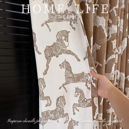 Tissu d'ameublement jacquard chenille Royal Horse ��� Rideaux couleur crème blé (Par The