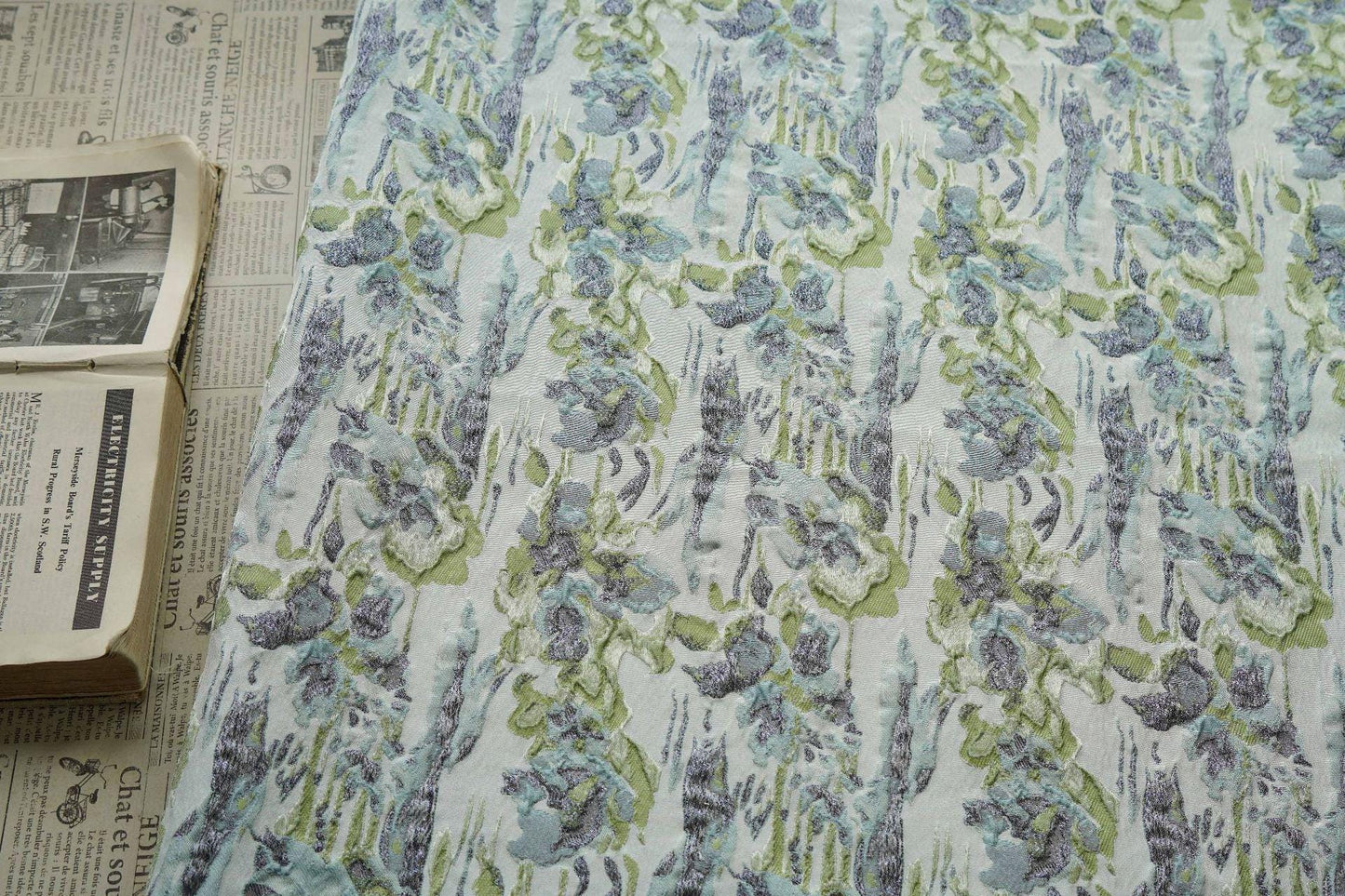 French Abstract Floral Jacquard Fabric: Gold Thread Embossed Woven - 55"W