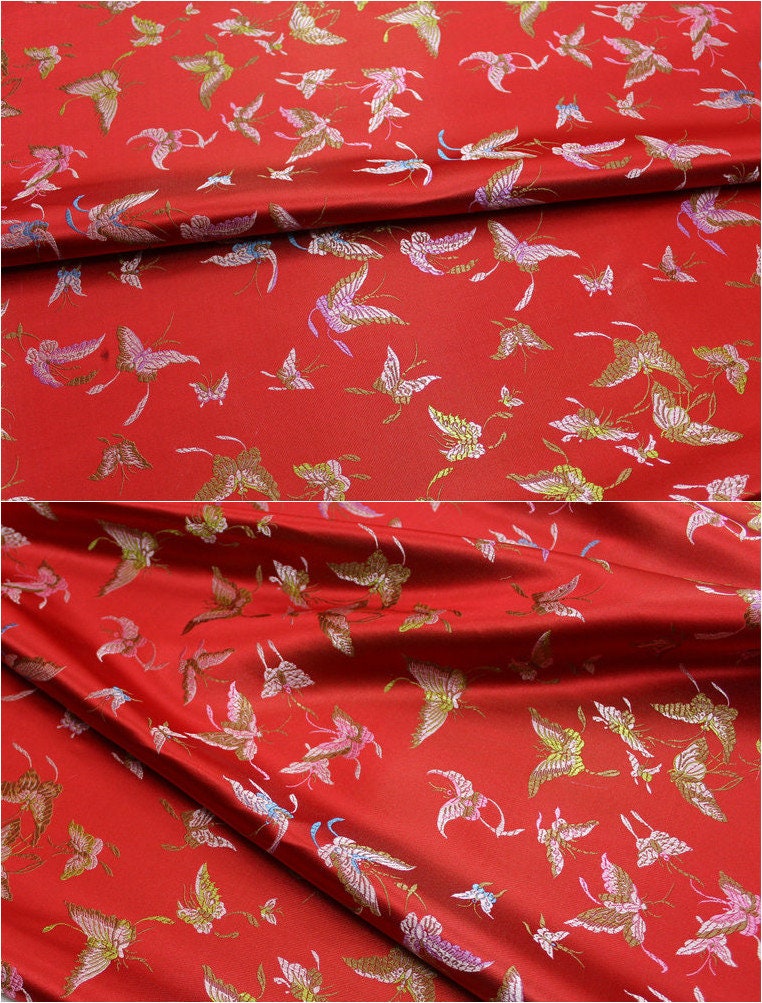 Red Silk Brocade Fabric: Butterfly Floral Jacquard (59"W)