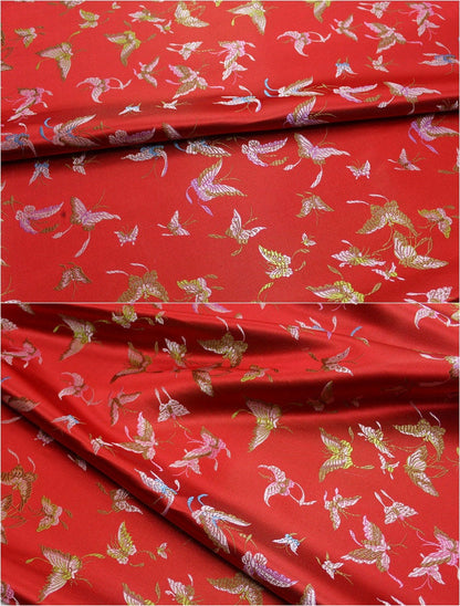 Red Silk Brocade Fabric: Butterfly Floral Jacquard (59"W)