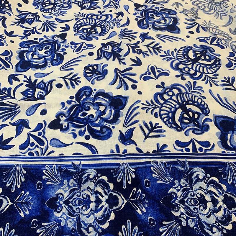 Blue Floral Printed Cotton Fabric: Cheongsam Dress Sewing Material
