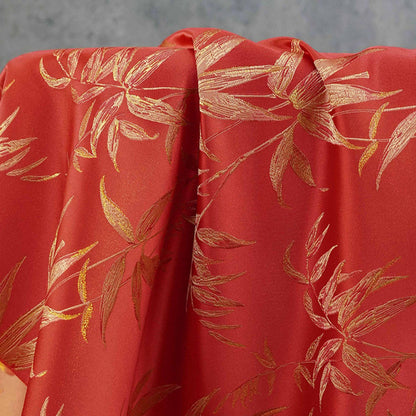 Red Brocade Fabric ��� Golden Bamboo Leaves Jacqua" Wide