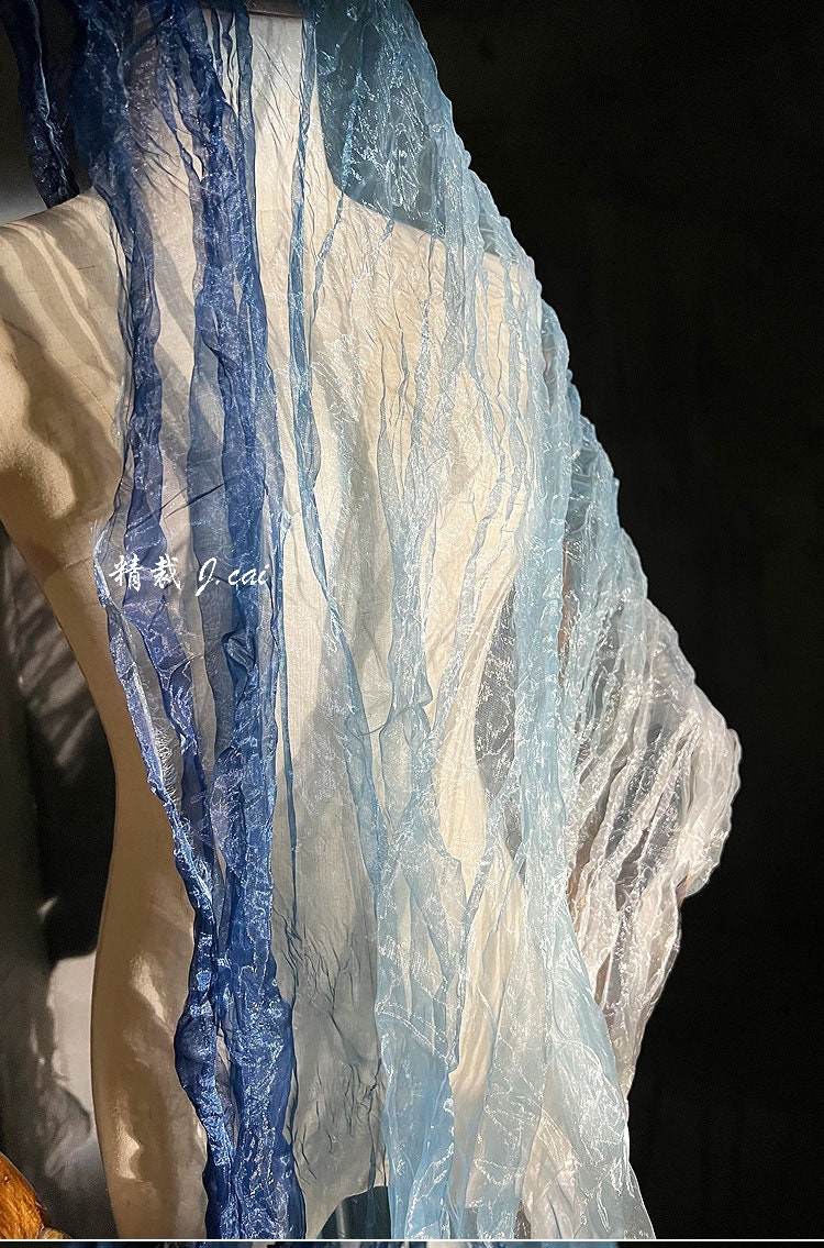 Blue Gradient Organza Fabric: Irregular Pleats, 55" Wide