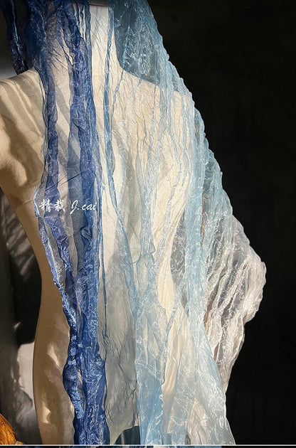 Blue Gradient Organza Fabric: Irregular Pleats, 55" Wide