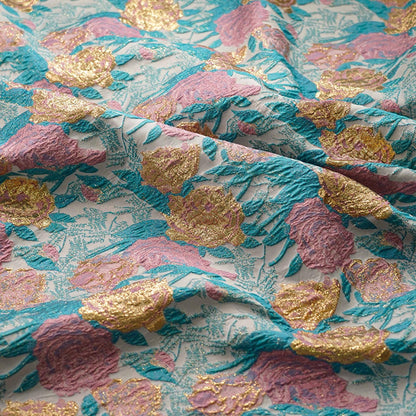 Tissu jacquard à motif floral et fils d'or : texture peinture à l'huile 3D, largeur 140 cm