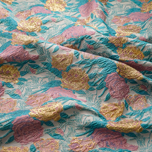 Gold Thread Floral Jacquard Fabric: 3D Oil Painting Texture, 55" Wide