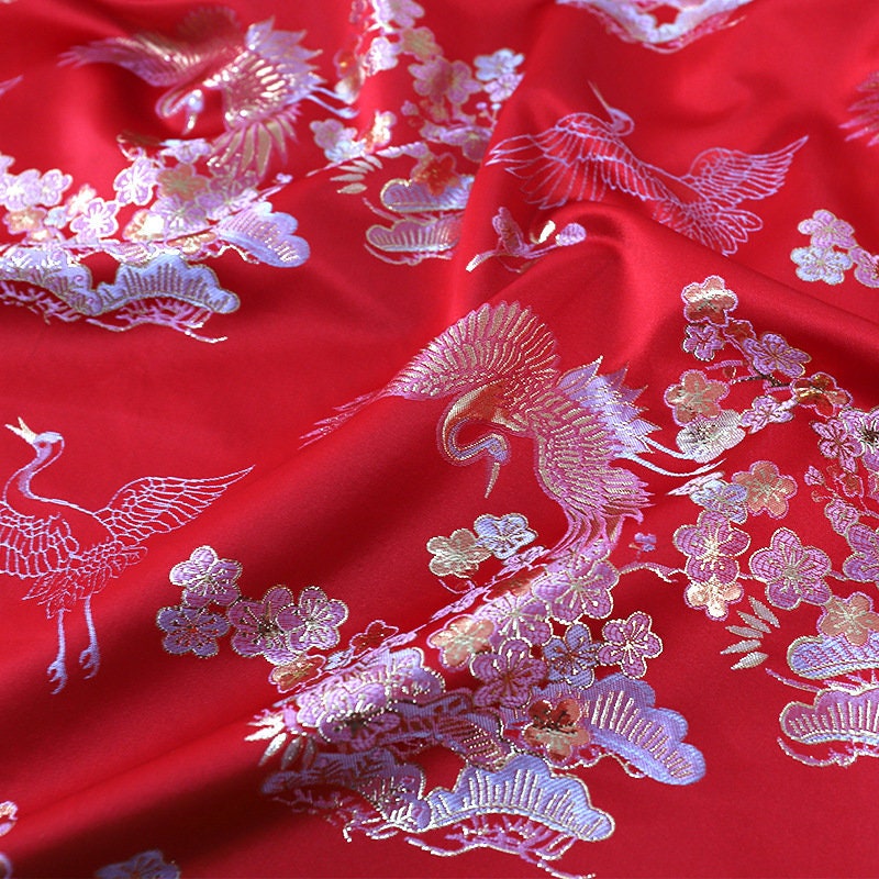 Gold Thread Jacquard Fabric: Floral Crane Design, 59" Wide