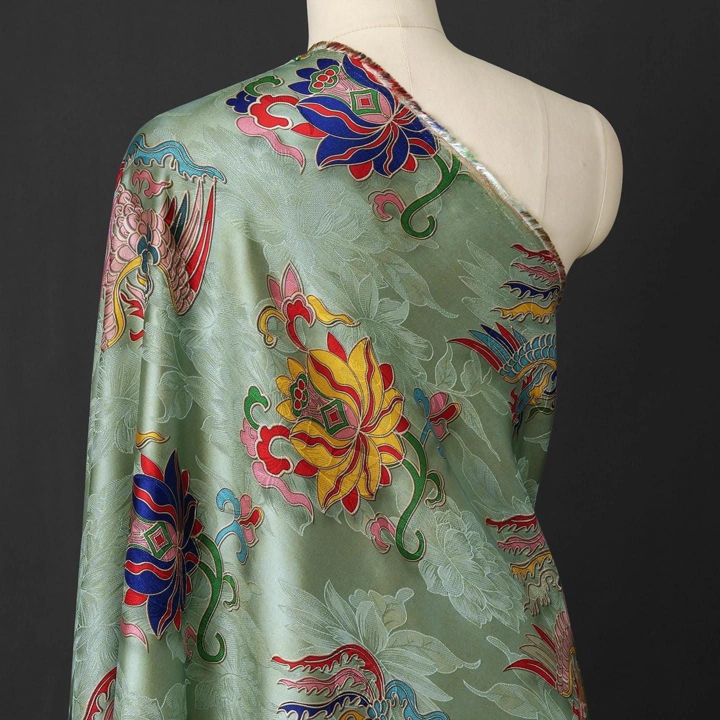 Tissu brocart de soie Phoenix & Lotus : Cheongsam vert clair, costume Tang, Hanfu