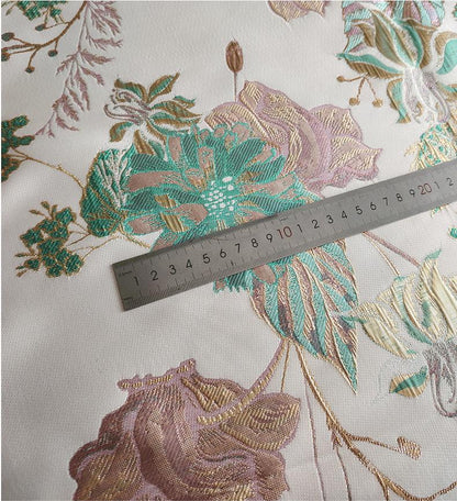 Gold Embossed Floral Jacquard Fabric: Pink Peach Dressmaking Material, 57" Wide