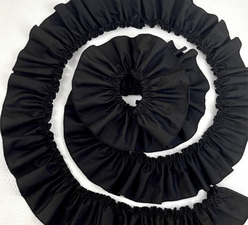 Black Cotton Ruffle Fabric Trim: DIY Doll Clothing, Decor - 3" Width