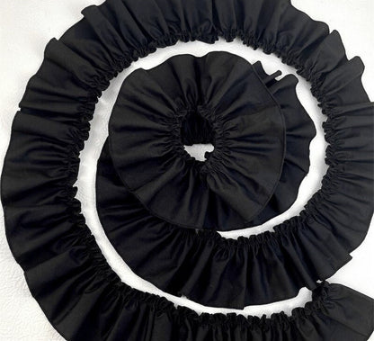 Black Cotton Ruffle Fabric Trim: DIY Doll Clothing, Decor - 3" Width