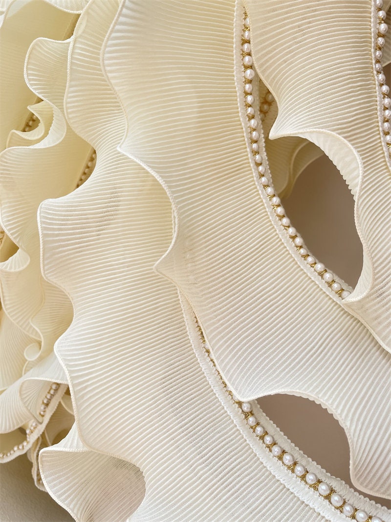 Ivory Pleated Chiffon Trim: Beaded Ruffled Fabric, 4.3" Width