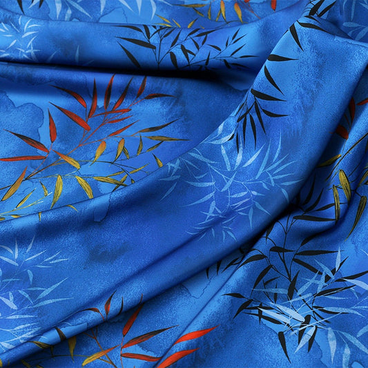 Bamboo Floral Print Fabric: Blue Polyester Spandex Blend, 59" Wide