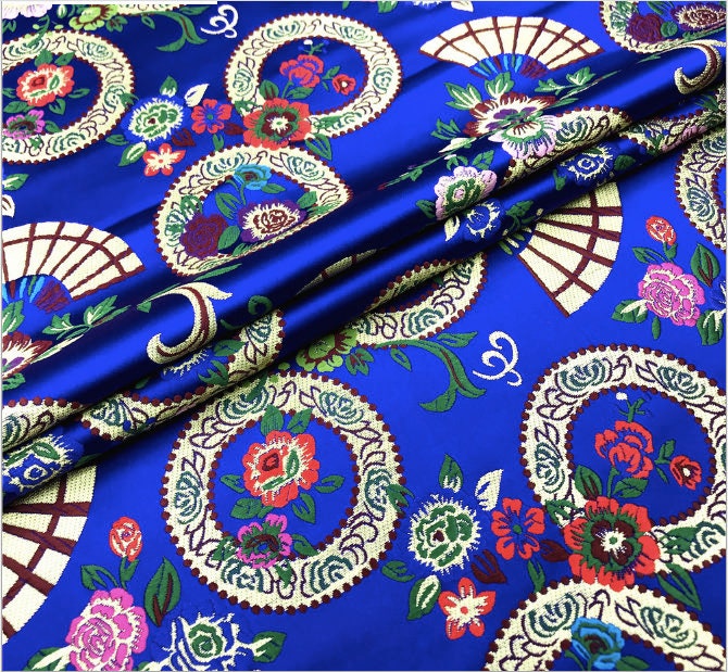 Nishijin Brocade Fabric: Japanese-Style Floral & Snow Wheel Fan, Gold Upholstery Sewing Fabric by Meter