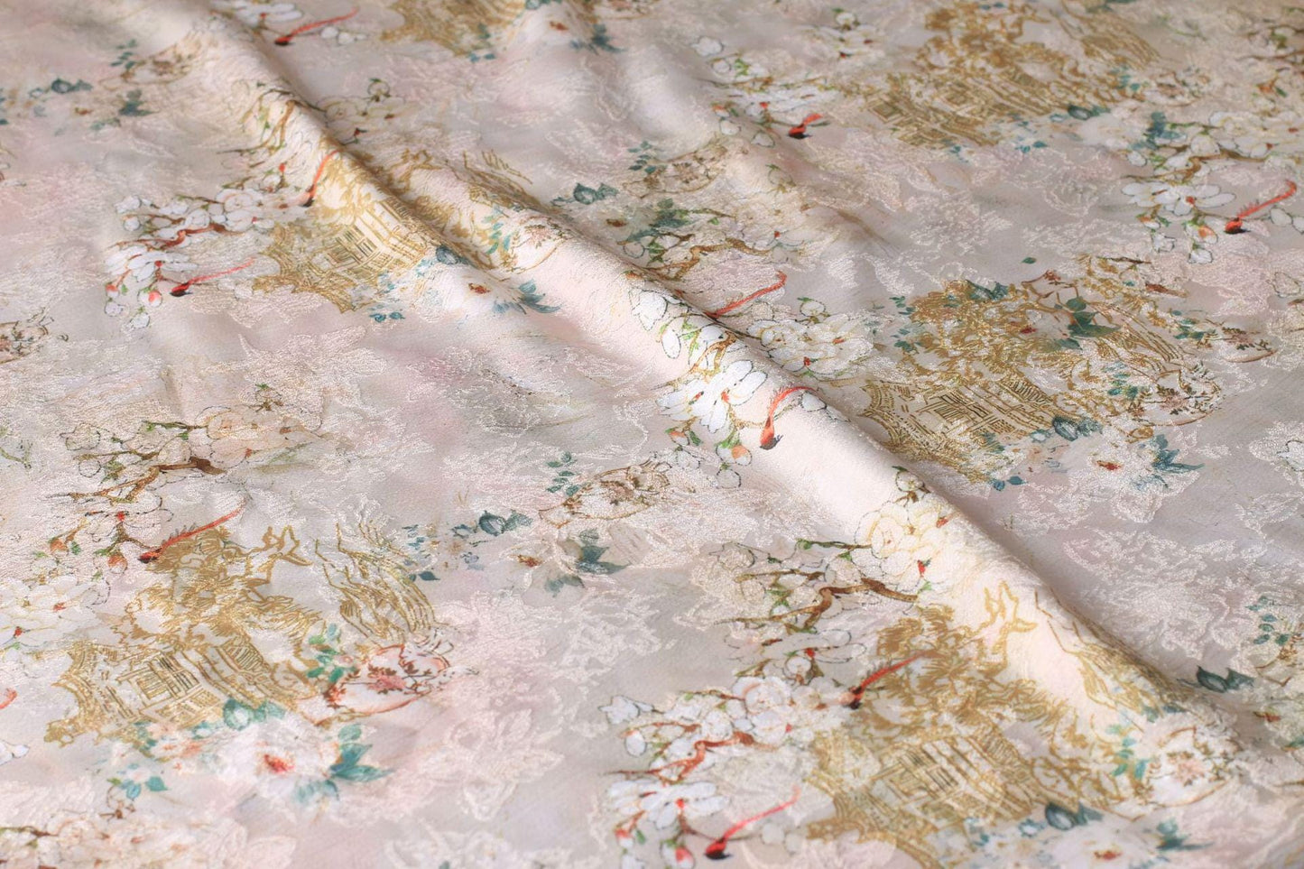 Floral Silky Satin Fabric: 59"W Ancient Painting Print