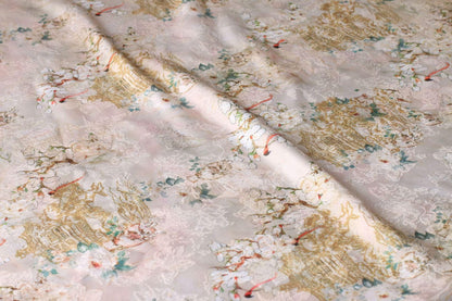 Floral Silky Satin Fabric: 59"W Ancient Painting Print