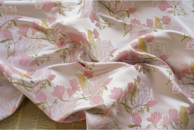 Pink & Gold Bird Brocade Fabric: 59"W Silk Rayon Blend