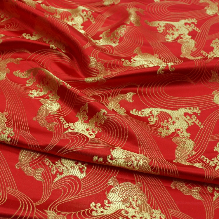 Golden Fish Silk Brocade Fabric: Red Cheongsam Fabric (29.5"W)