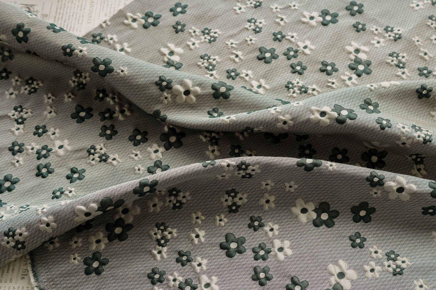 Green Grey Jacquard Fabric: 3D Flower Design, Upholstery & Costume