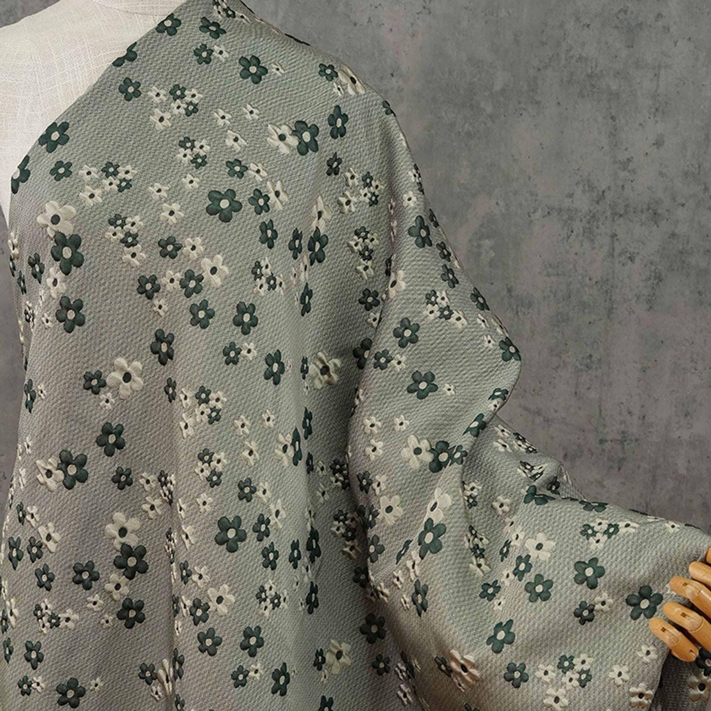 Green Grey Jacquard Fabric: 3D Flower Design, Upholstery & Costume