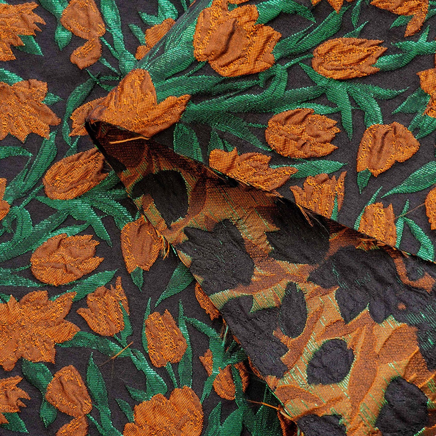 Orange Floral Jacquard Fabric: Gold Foil Upholstery & Sewing (56"W, 1 Meter)