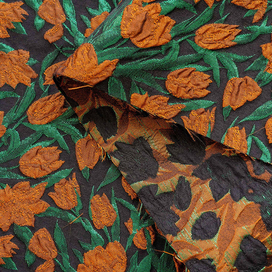 Tissu jacquard floral orange : Feuille d'or pour ameublement et couture (56 po L, 1 mètre)