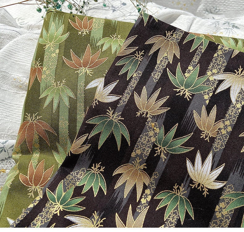 Japanese Foliage Cotton Fabric: Hot-Stamping Kimono Sewing Material, 57"W