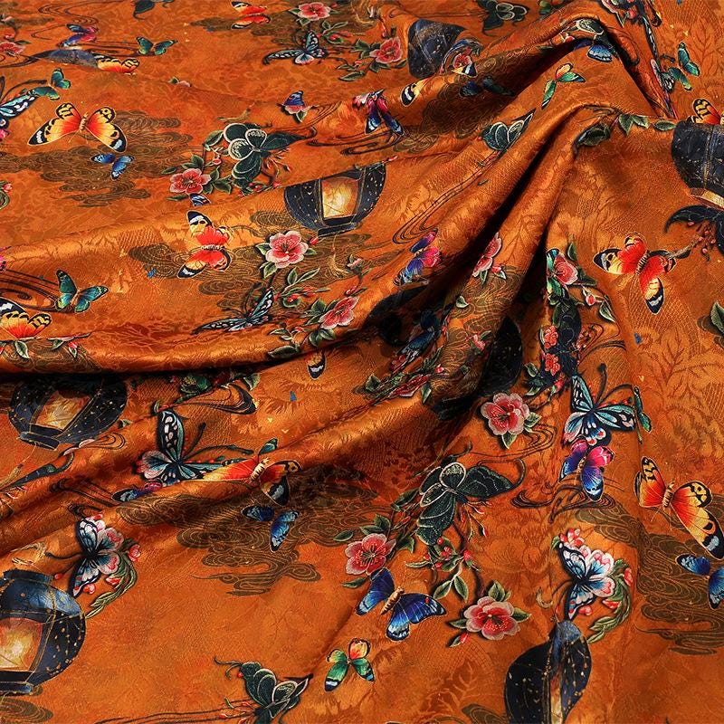 Butterfly Tea Silk Satin Fabric, Digital Print, Costume Sewing, 59"W