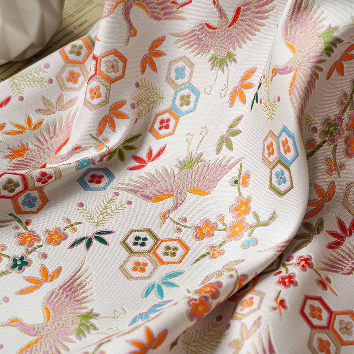 Golden Crane Jacquard Fabric: Embossed Upholstery, Costume, & Decor (59"W)