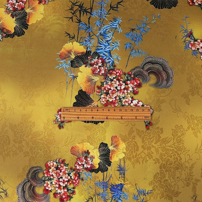 Tissu satin de soie Ginkgo Tea : imprimé floral, 150 cm de large