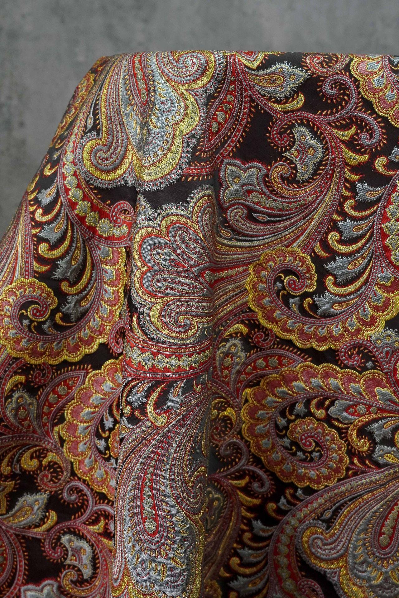 French Abstract Floral Jacquard Fabric: Gold Thread Embossed Woven - 63"W