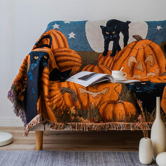 Halloween Sofa Throw Blanket: Black Cats & Pumpkins, Fringed Woven Rug