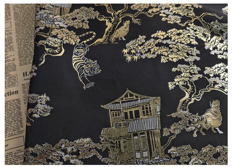 Gold Woven Tiger Jacquard Fabric with Dragon Ox Elements ��� Fashion & Decor Texti"Wide