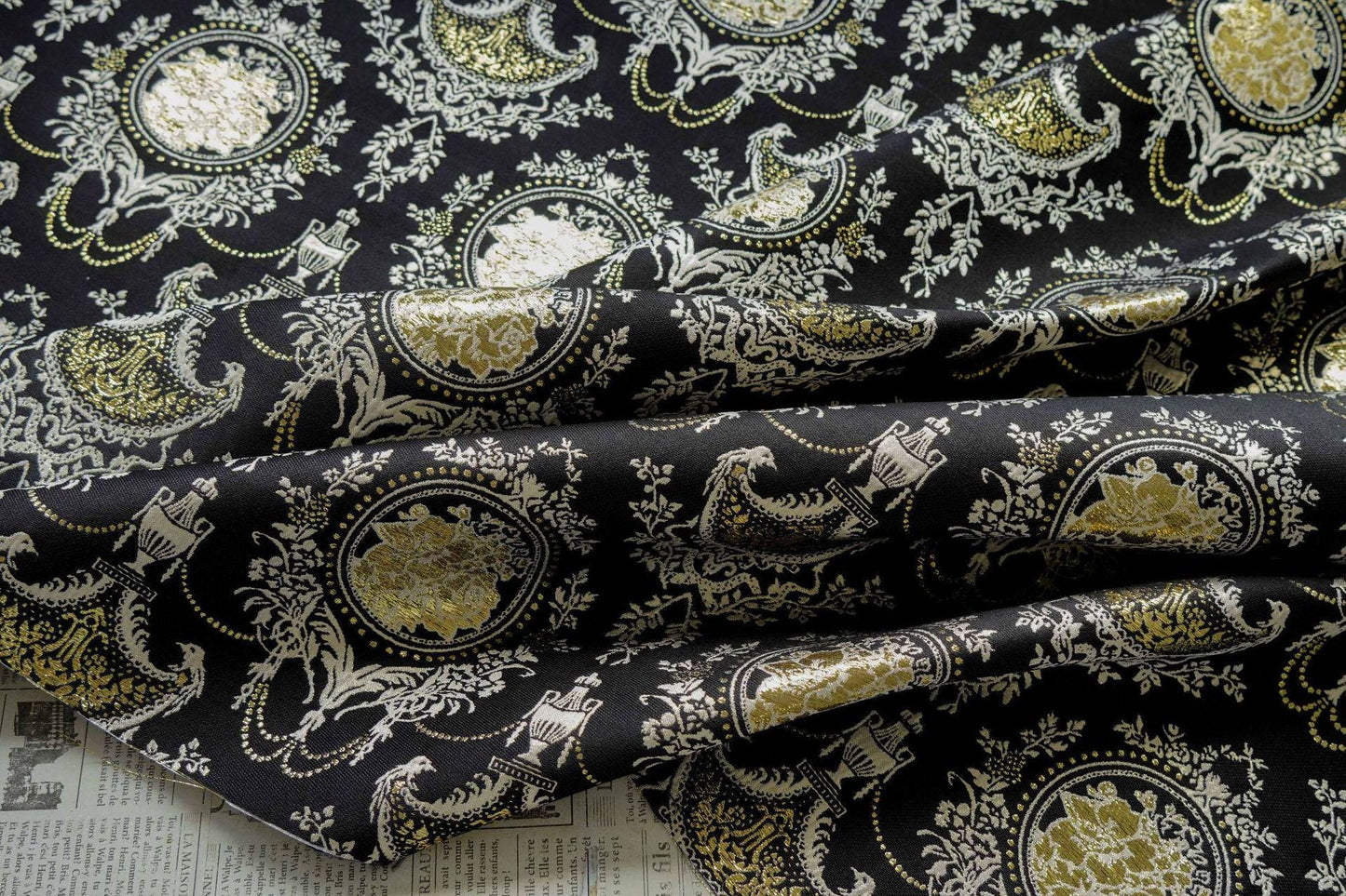 Baroque Floral Jacquard Fabric: Black Gold Upholstery Material - 55"W
