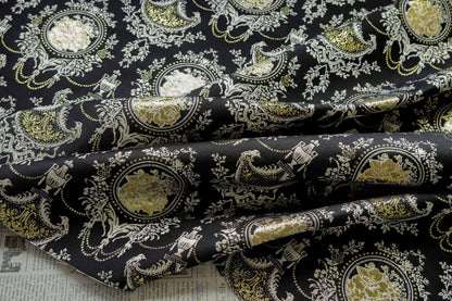 Baroque Floral Jacquard Fabric: Black Gold Upholstery Material - 55"W