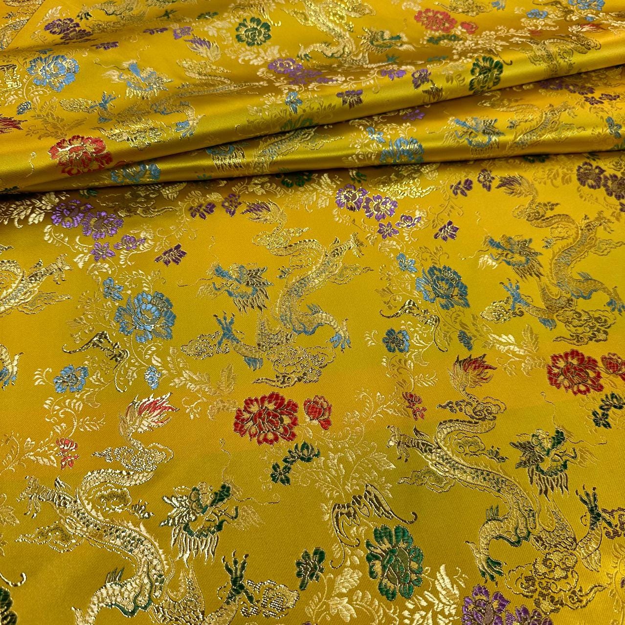 Gold Dragon Silk Brocade Fabric: Wedding Damask, Costume, Decor