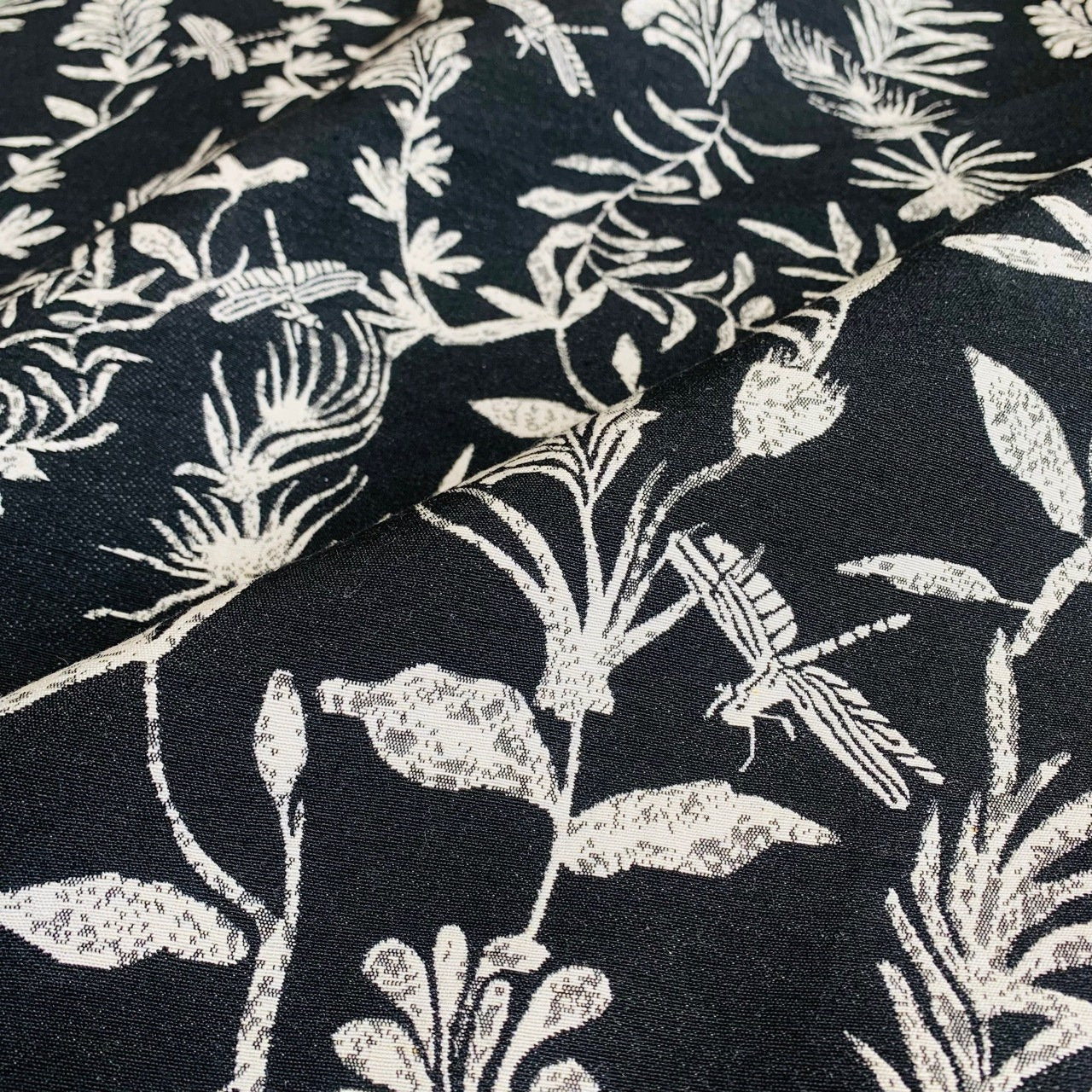 Black & White Lurex Jacquard Fabric: 3D Embossed Plant Pattern, 58" Wide