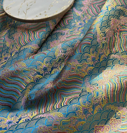 Tissu brocart de soie et rayonne à motif vagues océaniques - 75 cm