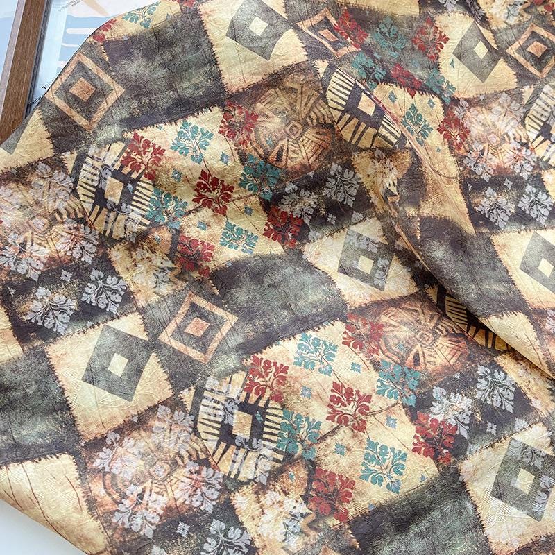 Tissu Tencel Ramie bohème : motif patchwork imprimé, 150 cm de large, vendu au mètre